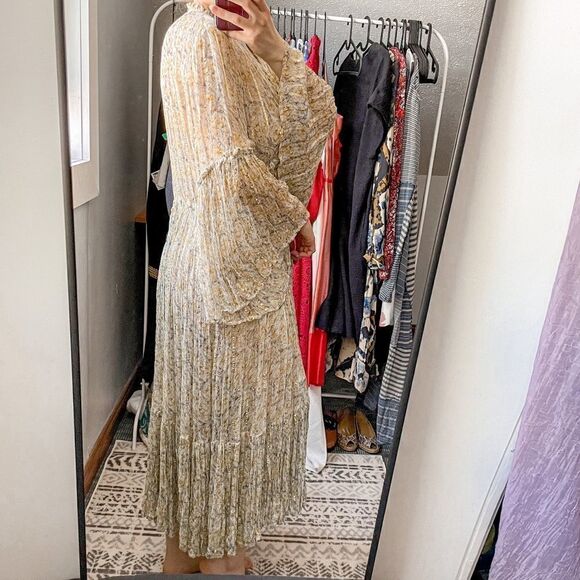 Ne Quittez Pas Chiffon Yellow Midi Dress Sheer Long Sleeve S - Picture 2 of 10